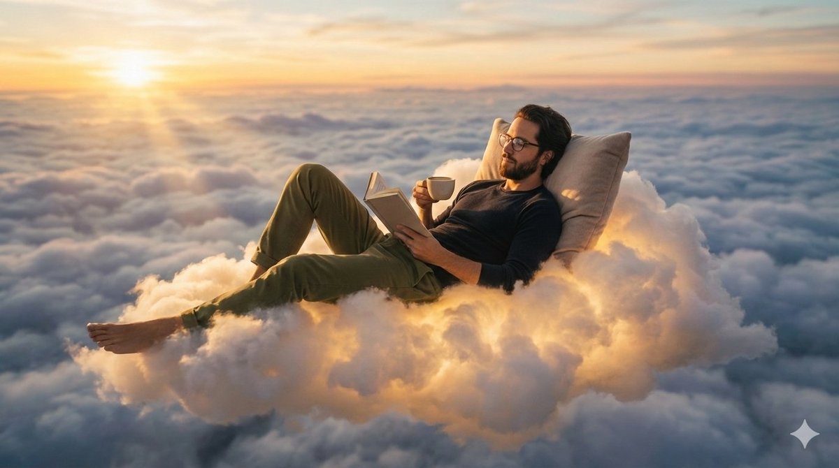Person relaxing on glowing cloud above the sky example