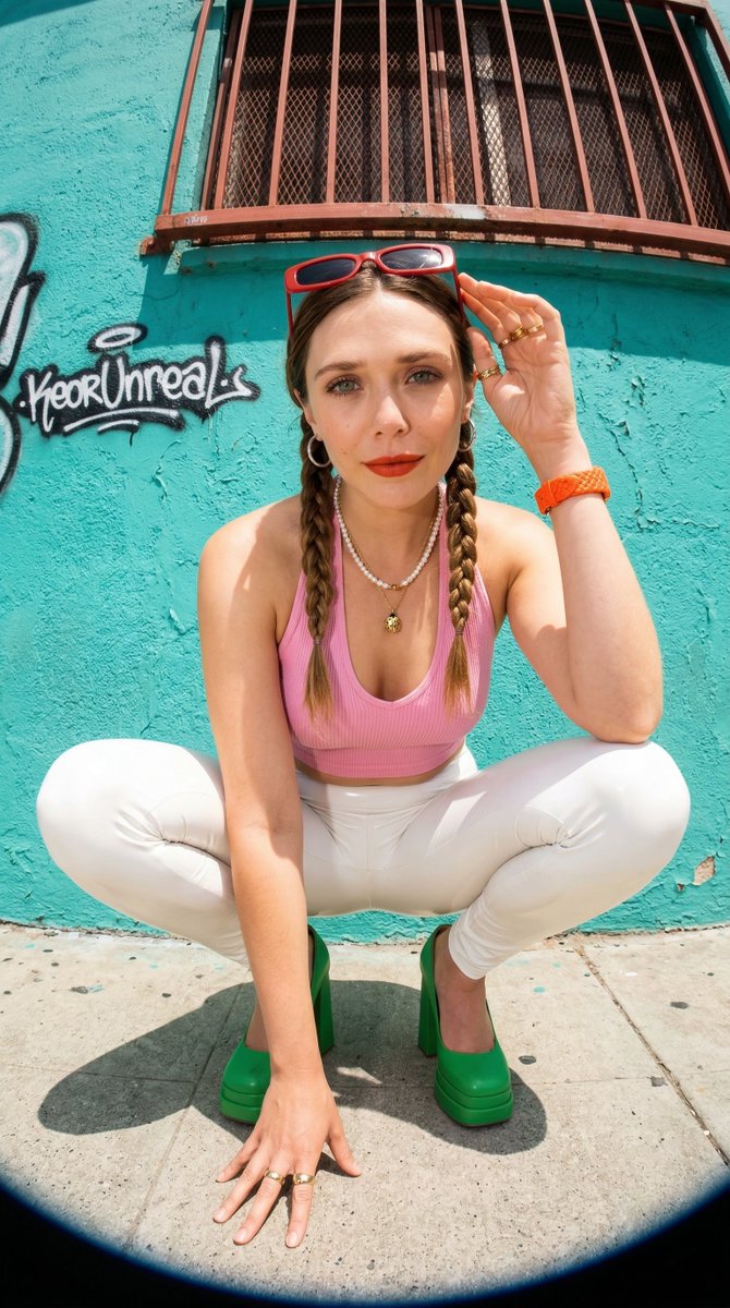 Photorealistic streetwear portrait of Emma Myers with fisheye distortion
