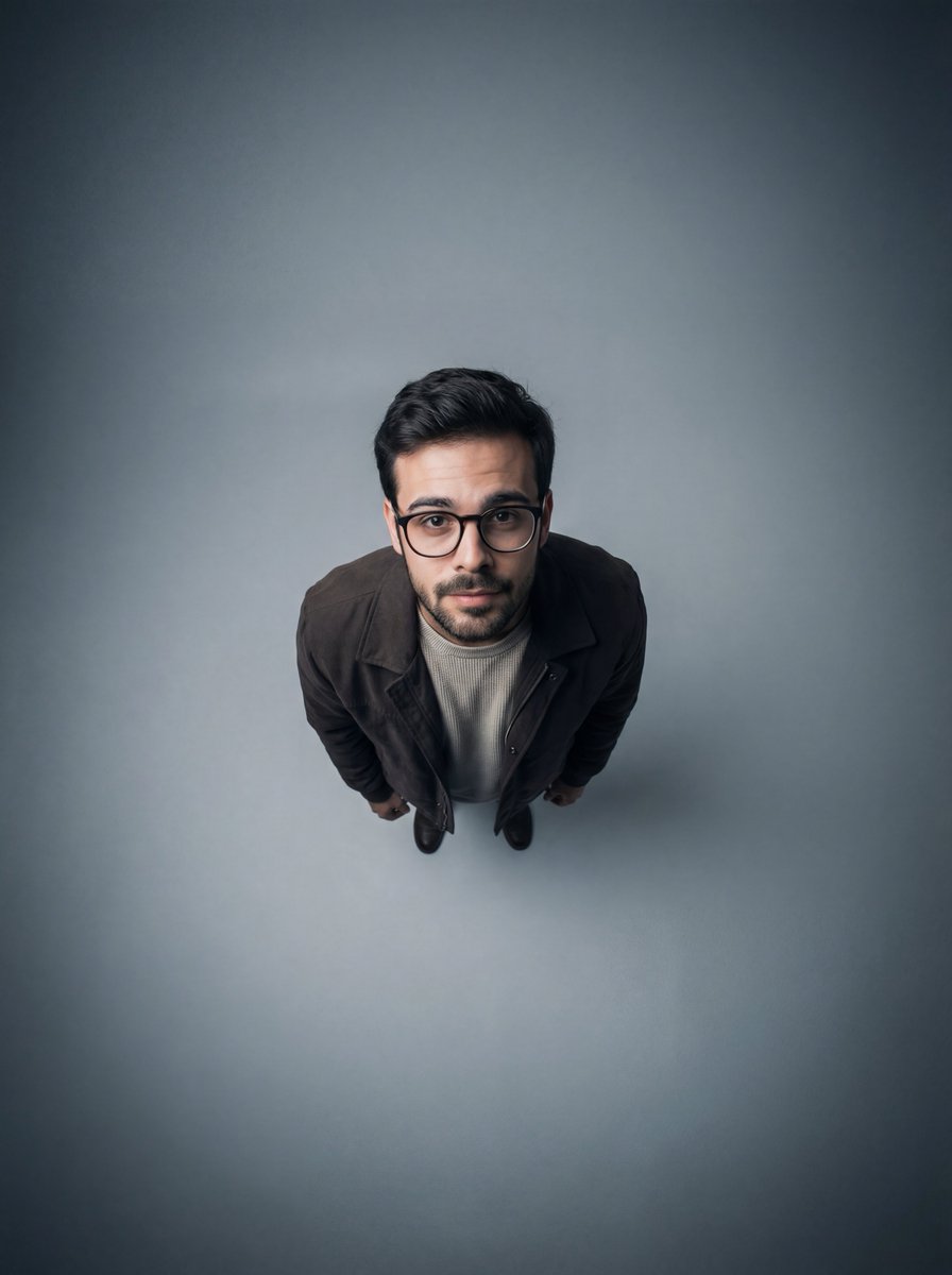 Cinematic Overhead Portrait with Wide-Angle Distortion example