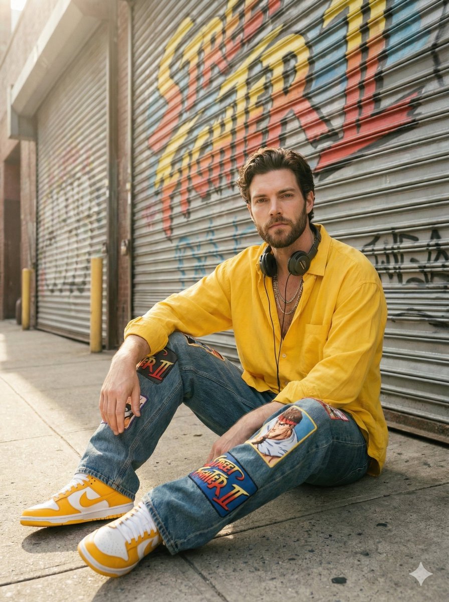 Sunlit Urban Streetwear Portrait with Retro Graffiti