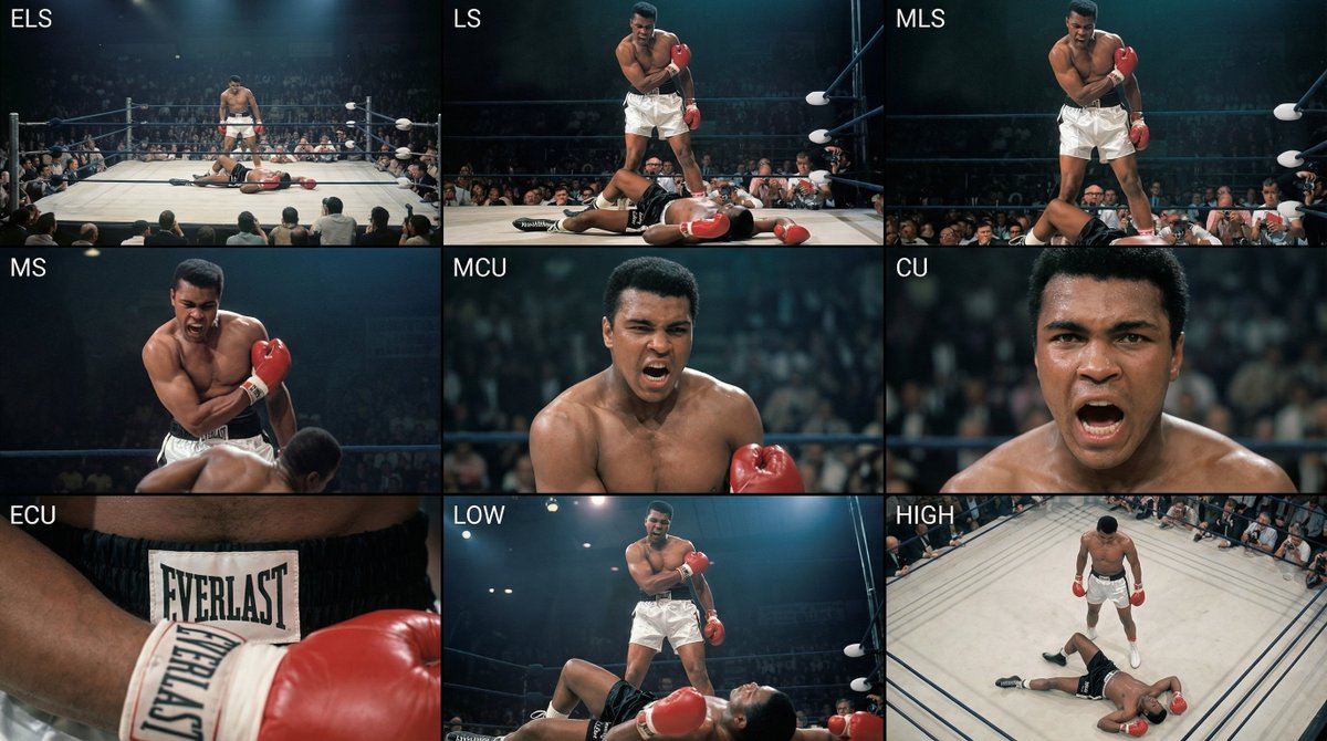 3×3 cinematic storyboard contact sheet from one input image