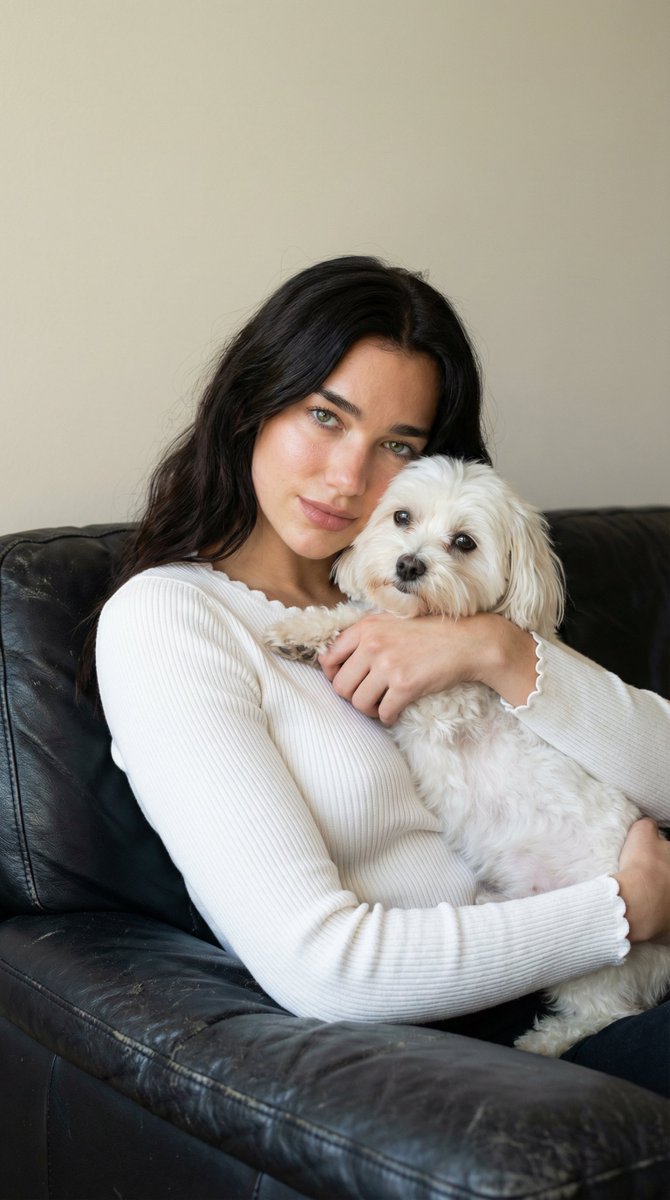 Ultra-Realistic Portrait of Woman Hugging a Maltese Dog example