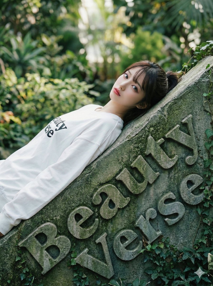 High-Fashion Garden Editorial with Tilted Stele Effect
